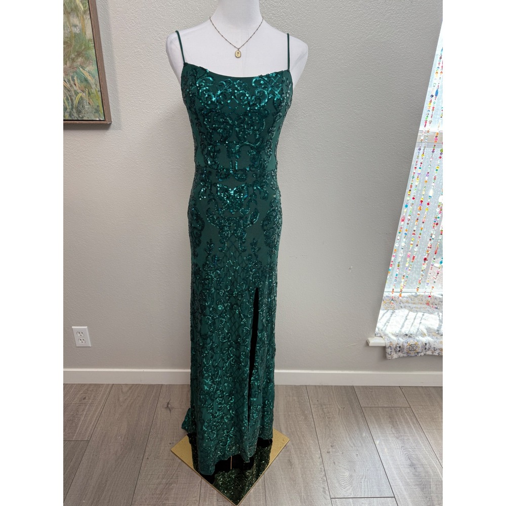 Emerald Green‎ Sequin Lace Up Back Side Slit Prom Formal Dress 3